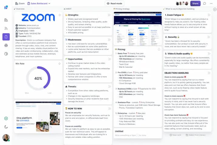 Fragments competitive intelligence battlecard interface showing competitor analysis dashboard with key insights and data